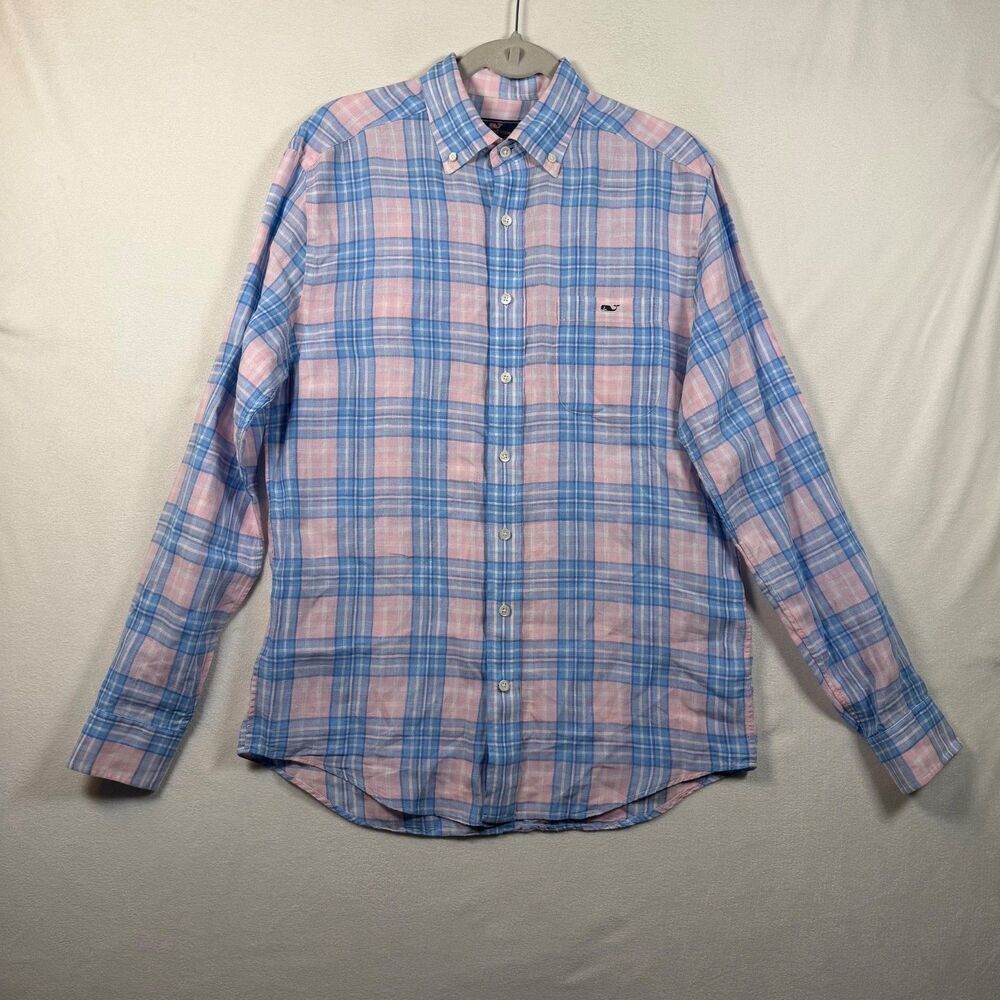 Vineyard Vines Linen Button Down Shirt Mens M Pink Blue Plaid Tucker Classic Fit